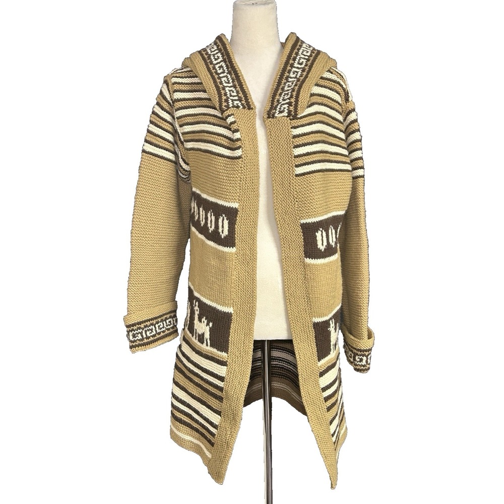 Beautiful Handknit Andean Alpaca Print Neutral Colored Sweater Hood